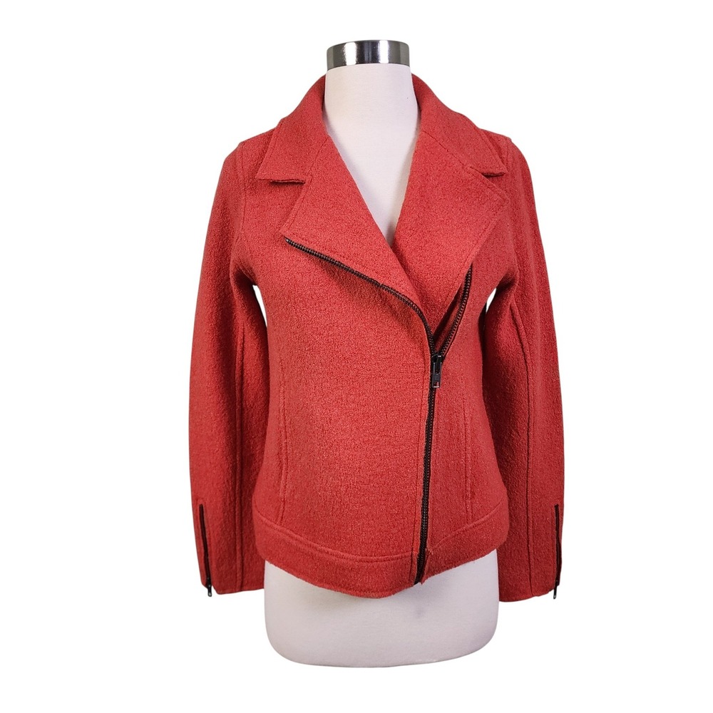 Tahari Womens Boiled Wool Moto Style Jacket Size XS Orange Asymmetrical Zip - Picture 2 of 13